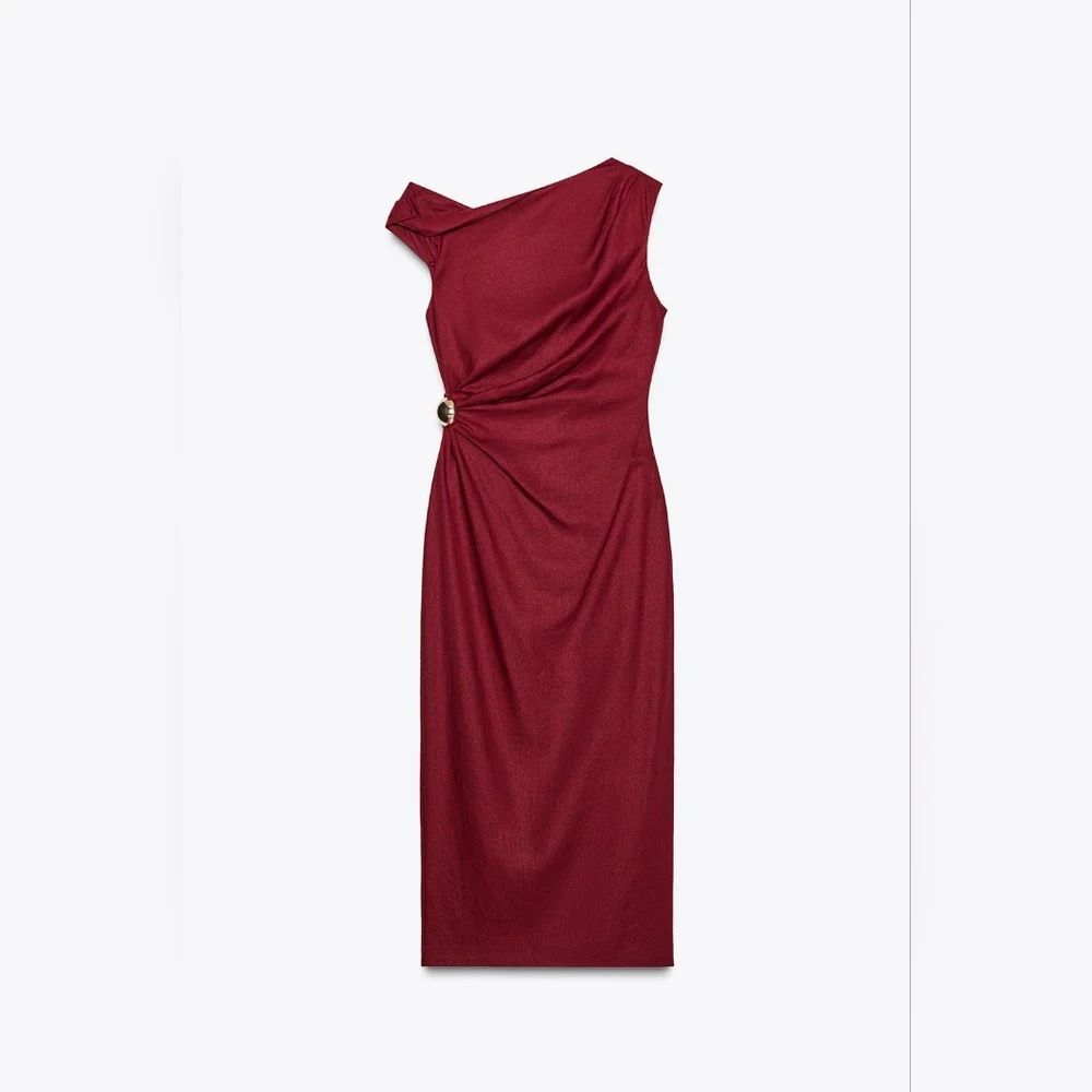 ❌️SOLD❌️RUCHED LINEN BLEND MIDI DRESS SIZE L - Picture 6 of 8